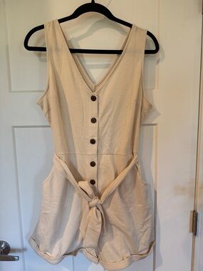 Cream Button-Front Sleeveless Romper with Tie Waist